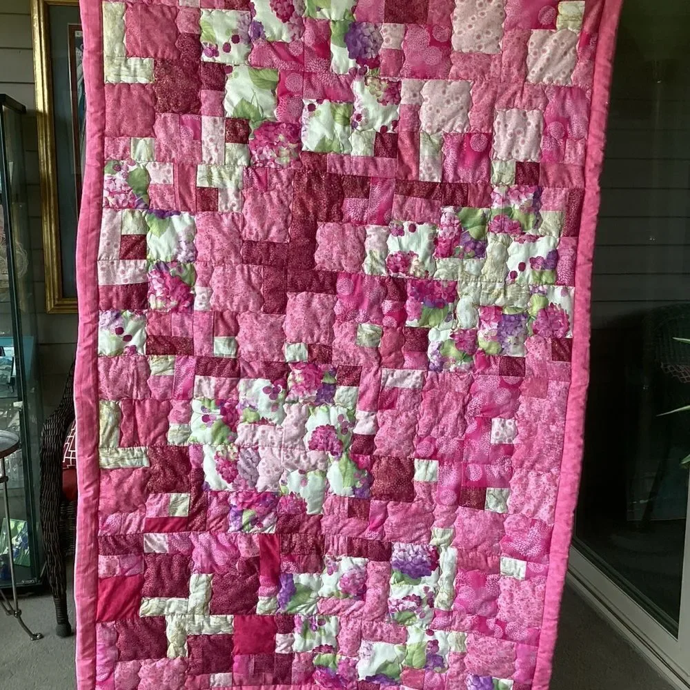 NWT. Hand Crafted Gold and Pink Hydrangea Lap Quilt